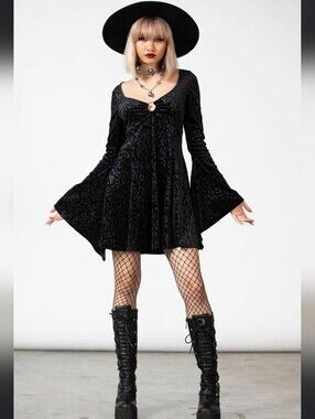 Killstar Black Velvet Bell-Sleeve Mini Dress